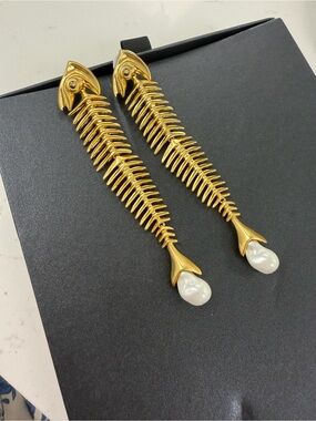 Gold Fishbone Drop Earrings with Pearl Accent, avant garde Schiaparelli style